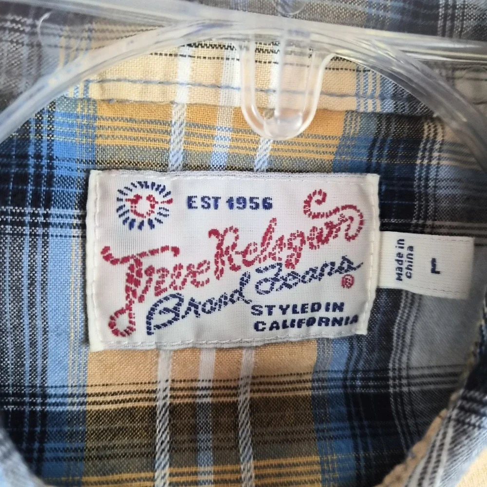 True Religion Rocky Western Shirt Men Large Yellow Blue Plaid Pearl Snap Cotton